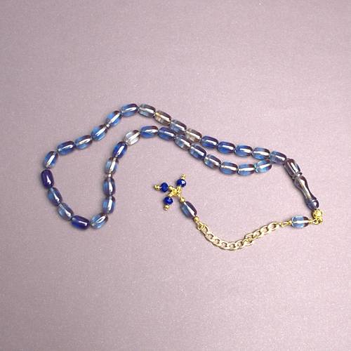 S�kma Kehribar Kaps�l Kesim Alt�n Renk P�sk�ll� 7x11mm Tesbih A��k Mavi