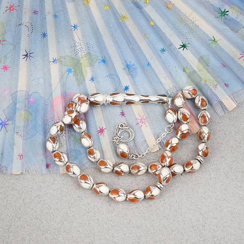 G�m�� Kaplama Kafesli Mine Beyzi 7x9mm Tesbih -Turkuaz Beyaz