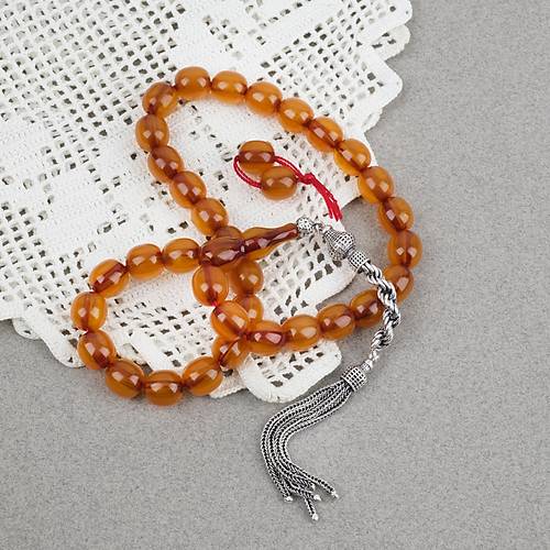 S�kma Kehribar Eski Alman Horoz �mame 925 Ayar G�m�� P�sk�l F��� Kesim 9.5x9mm Tesbih