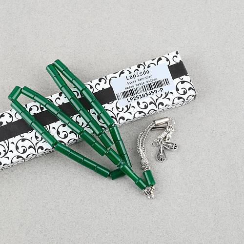 S�kma Kehribar Kesme Kesim Alpaka P�sk�ll� 6x10mm Tesbih- Ye�il