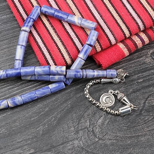 S�kma Kehribar Alpaka P�sk�ll� Kesme Kesim 6x10mm Tesbih - Krem - Mavi