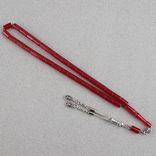 S�kma Kehribar Kesme Kesim Alpaka P�sk�ll� 6x10mm Tesbih K�rm�z�