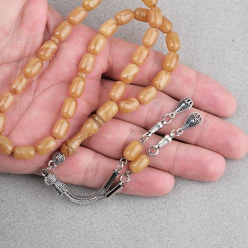 S�kma Kehribar Kaps�l Kesim Alpaka P�sk�ll� 7x11mm Tesbih Hardal