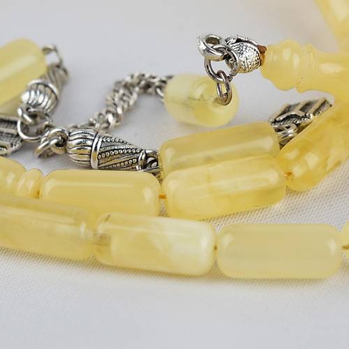 Rus Kaya Damla Kehribar 925Ayar G�m�� P�sk�l Arpa Kesim Kesim 6x14mm Tesbih