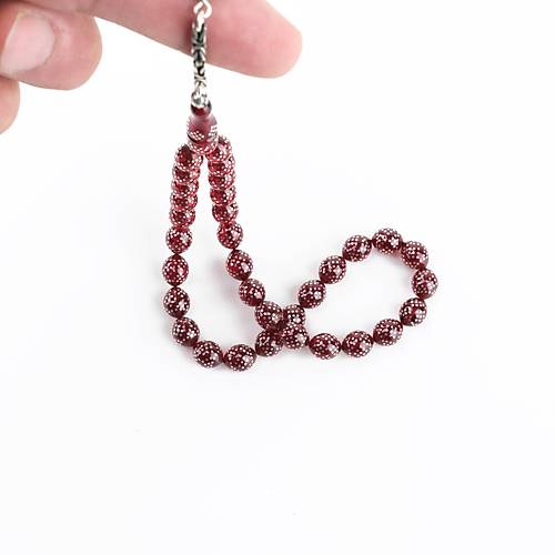 Ate Kehribar 925Ayar Gm akm ve Gm Pskl Bilek Boy Kre Kesim 7x8mm Tesbih -Krmz