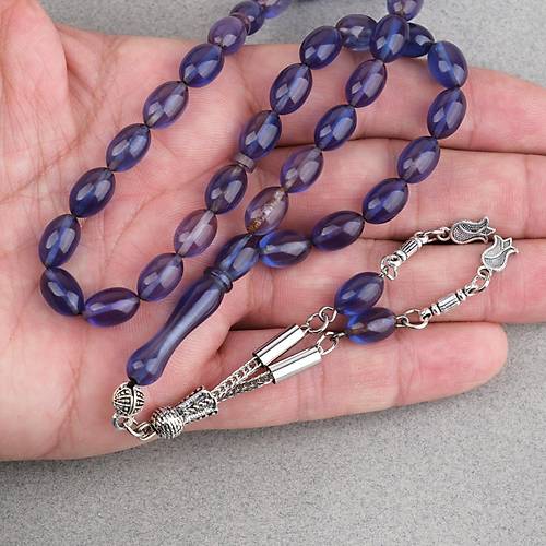 S�kma Kehribar Beyzi Kesim Alpaka P�sk�ll� 7x11mm Tesbih Mavi