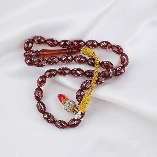 Ate� Kehribar �ak�ml� Kazas P�sk�ll� Beyzi Kesim 7x10mm Tesbih