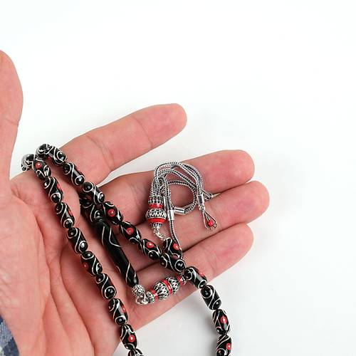 Erzurum Oltu 925Ayar Gm Pskl Mercan ve Gzya lemeli Kapsl Kesim 6x11mm Tesbih - Yusuf Akansel Usta El ii