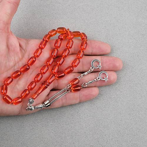 Ate� Kehribar Kaps�l Kesim Alpaka P�sk�ll� 7x11mm Tesbih