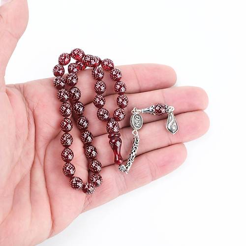 Ate Kehribar 925Ayar Gm akm ve Gm Pskl Bilek Boy Kre Kesim 7x8mm Tesbih -Krmz