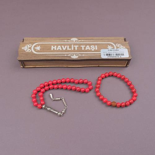 K�rm�z� Havlit Do�al Ta� Bileklik+ Tesbih Set Kahverengi Ah�ap Kutulu