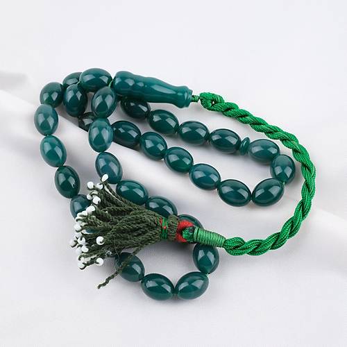 Akik Ta�� Habbe ve �mame Dahil Akik Yumurta kesim 10.5x14mm Tesbih - Ye�il