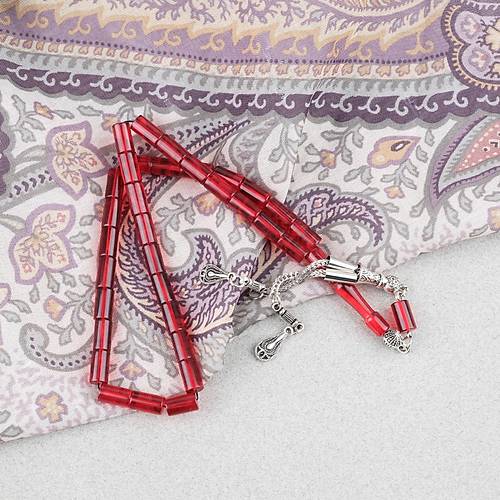 Ate� Kehribar Kesme Kesim Alpaka P�sk�ll� 6x10mm Tesbih K�rm�z�