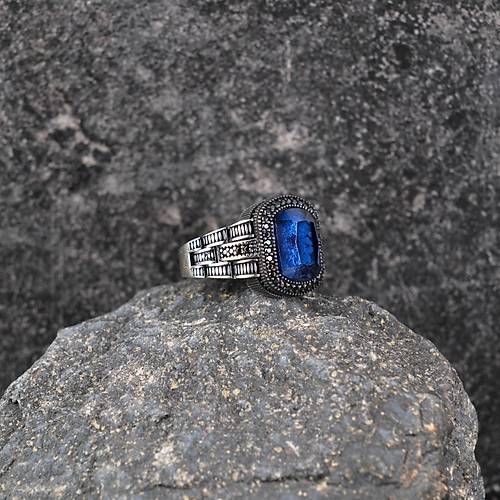 Safir Lacivert ve Mikro Zirkon 925Ayar Gm Erkek Yzk