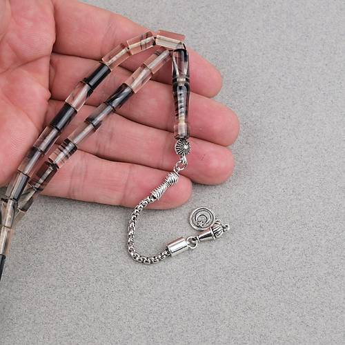 Ate� Kehribar Alpaka P�sk�ll� Kesme Kesim 6x10mm Tesbih - Gri