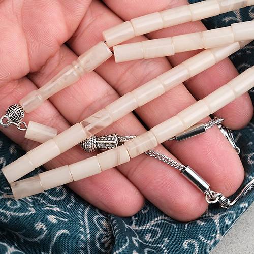 S�kma Kehribar Kesme Kesim Alpaka P�sk�ll� 6x10mm Tesbih Krem