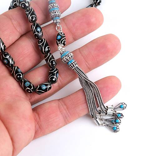 Erzurum Oltu 925Ayar Gm Pskl Firuze ve Gzya lemeli Kapsl Kesim 6.5x11.5mm Tesbih - Yusuf Akansel Usta El ii
