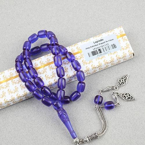 Ate� Kehribar Ayy�ld�z ��lemeli �mame Kaps�l Kesim 9x11mm Tesbih -Parlament Mavi