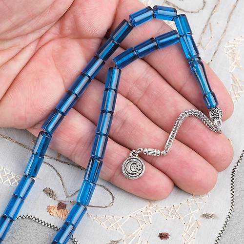 Ate� Kehribar Alpaka P�sk�ll� Kesme Kesim 6x10mm Tesbih - Petrol Mavisi