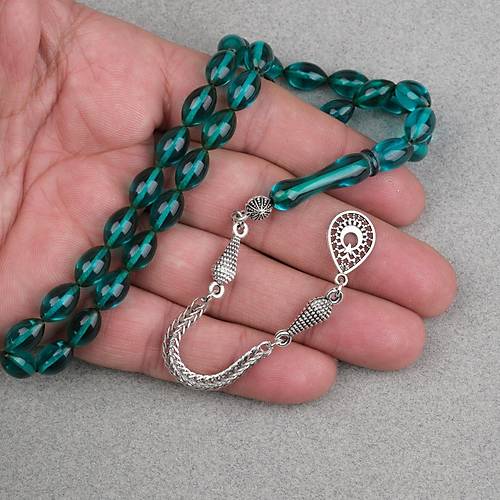 Ate� Kehribar Alpaka P�sk�ll� Beyzi Kesim 7x11mm Tesbih- �effaf Ye�il