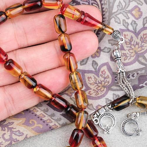 S�kma Kehribar Kaps�l Kesim Alpaka P�sk�ll� 7x11mm Tesbih