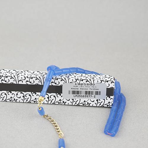 U�ak Cam� Kesme Kesim 7x10mm Alt�n Sar�s� P�sk�ll� Tesbih- Koyu Mavi