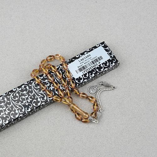 Ate� Kehribar Alpaka P�sk�ll� Beyzi Kesim 7x11mm Tesbih- A��k Sar�