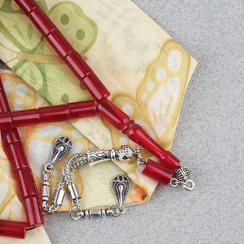 S�kma Kehribar Kesme Kesim Alpaka P�sk�ll� 6x10mm Tesbih K�rm�z�