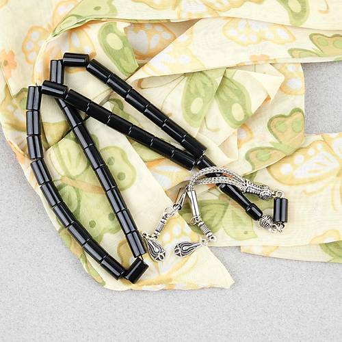 S�kma Kehribar Kesme Kesim Alpaka P�sk�ll� 6x10mm Tesbih Siyah