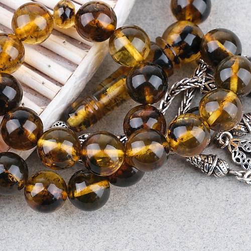 Kaya Damla Kehribar 925Ayar G�m�� P�sk�ll� K�re Kesim 10mm Tesbih