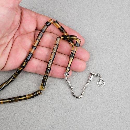 Ate� Kehribar Alpaka P�sk�ll� Kesme Kesim 6x10mm Tesbih - Koyu Sar� - Siyah