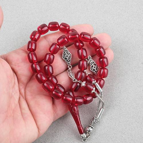 Ate� Kehribar Ayy�ld�z ��lemeli �mame Kaps�l Kesim 9x11mm Tesbih - K�rm�z�