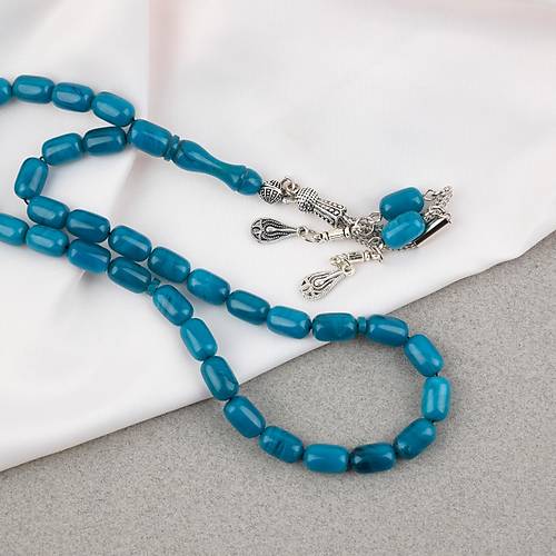 S�kma Kehribar Kaps�l Kesim Alpaka P�sk�ll� 7x11mm Tesbih Turkuaz Ye�ili