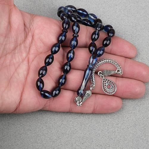 S�kma Kehribar Alpaka P�sk�ll� Beyzi Kesim 7x11mm Tesbih- Lacivert