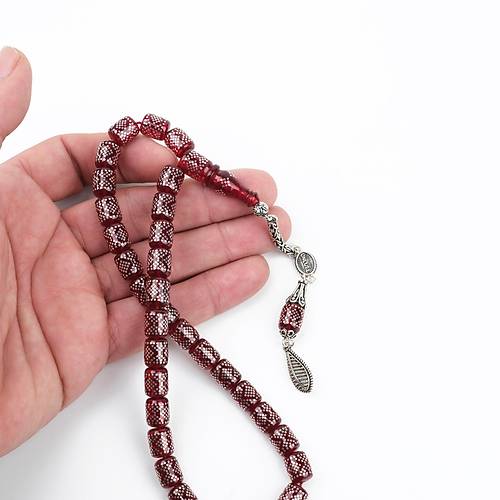 Ate Kehribar 925Ayar Gm akm ve Gm Pskl Kapsl Kesim 8x10mm Tesbih - Krmz