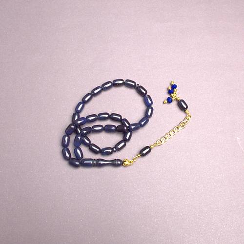S�kma Kehribar Kaps�l Kesim Alt�n Renk P�sk�ll� 7x11mm Tesbih Petrol Mavisi