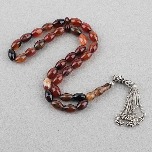 Akik Ta�� Habbe ve �mame Dahil Akik 925Ayar G�m�� P�sk�l F��� kesim 8x11.5mm Tesbih