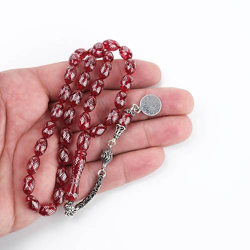 Ate Kehribar 925Ayar Gm akm ve Gm Pskl Beyzi Kesim 6.5x10mm Tesbih -Krmz
