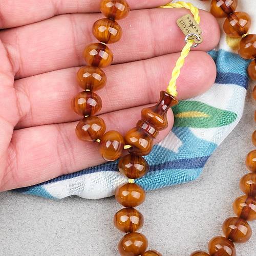 Omari S�kma Kehribar Bas�k K�re Kesim Sistemli 9x11mm Tesbih- Kahverengi