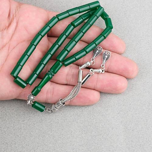 S�kma Kehribar Kesme Kesim Alpaka P�sk�ll� 6x10mm Tesbih- Ye�il
