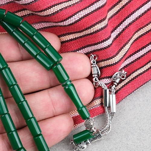 S�kma Kehribar Kesme Kesim Alpaka P�sk�ll� 6x10mm Tesbih Ye�il