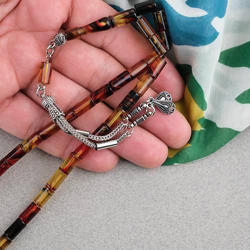 S�kma Kehribar Kesme Kesim Alpaka P�sk�ll� 6x10mm Tesbih Sar� K�rm�z�