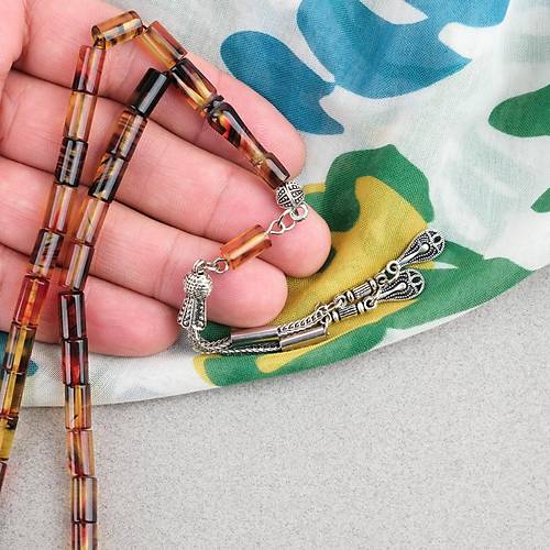 S�kma Kehribar Kesme Kesim Alpaka P�sk�ll� 6x10mm Tesbih Sar� K�rm�z�