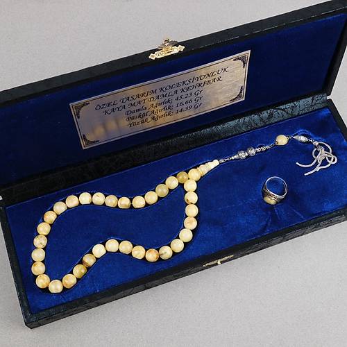 Kaya Damla Kehribar  925 Ayar G�m�� P�sk�l K�re Kesim 13mm Tesbih ve G�m�� Kehribar Y�z�k Seti