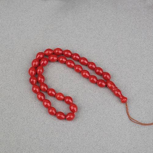 S�kma Kehribar Beyzi Kesim 9x11mm Tesbih - K�rm�z� P�sk�ls�z