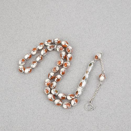 G�m�� Kaplama Kafesli Mine Beyzi 7x9mm Tesbih -Turkuaz Beyaz