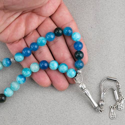 Akik Ta�� K�re Kesim 10mm Tesbih Alpaka P�sk�ll� Turkuaz Mavi