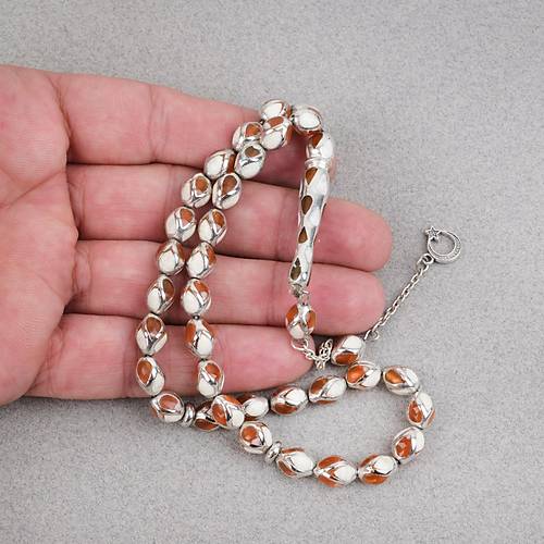 G�m�� Kaplama Kafesli Mine Beyzi 7x9mm Tesbih -Turkuaz Beyaz