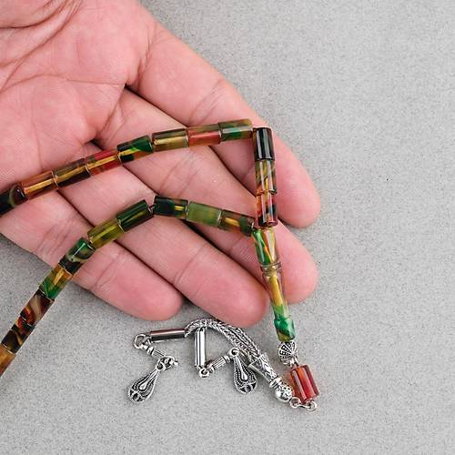 S�kma Kehribar Kesme Kesim Alpaka P�sk�ll� 6x10mm Tesbih Sar� Ye�il