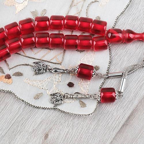 Ate� Kehribar Alpaka P�sk�ll� Kaps�l Kesim 11x11mm Tesbih - �effaf K�rm�z�